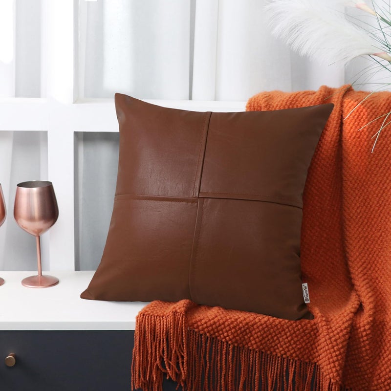 BRAWARM Faux Leather Throw Pillow Covers 20 X 20 Inches, Brown Leather Pillow Covers Pack of 2, Hand Stitched Leather Decorative Throw Pillows for Couch Sofa Bed Living Room Home Garden - Image 4