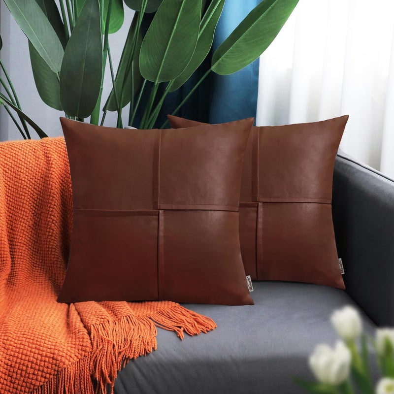 BRAWARM Faux Leather Throw Pillow Covers 20 X 20 Inches, Brown Leather Pillow Covers Pack of 2, Hand Stitched Leather Decorative Throw Pillows for Couch Sofa Bed Living Room Home Garden - Image 2