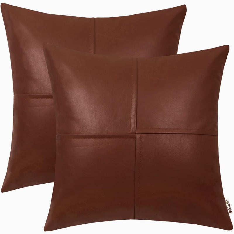 BRAWARM Faux Leather Throw Pillow Covers 20 X 20 Inches, Brown Leather Pillow Covers Pack of 2, Hand Stitched Leather Decorative Throw Pillows for Couch Sofa Bed Living Room Home Garden - Image 1