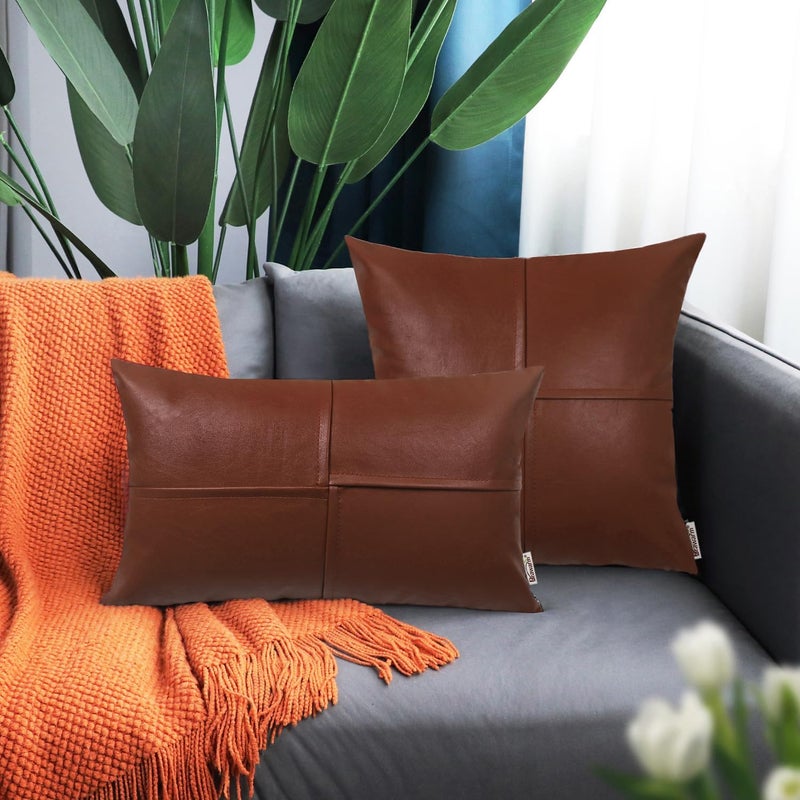 BRAWARM Faux Leather Throw Pillow Covers 20 X 20 Inches, Brown Leather Pillow Covers Pack of 2, Hand Stitched Leather Decorative Throw Pillows for Couch Sofa Bed Living Room Home Garden - Image 3