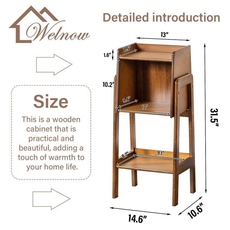 Welnow Bamboo Bookcase with Cabinet, Natural End Table with 1-Tier Storage Shelf, Modern Bedside Organizer Side Table for Bedroom or Living Room, Walnut Bookshelf with Open Space - Image 2