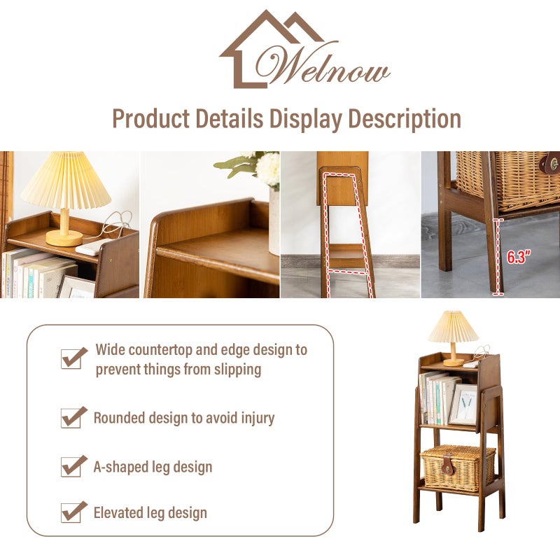 Welnow Bamboo Bookcase with Cabinet, Natural End Table with 1-Tier Storage Shelf, Modern Bedside Organizer Side Table for Bedroom or Living Room, Walnut Bookshelf with Open Space - Image 3