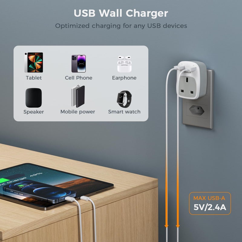تيسان TESSAN UK to Brazil Plug Adapter, Type N Travel Adaptor with USB C - Image 4
