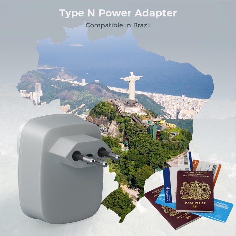 تيسان TESSAN UK to Brazil Plug Adapter, Type N Travel Adaptor with USB C - Image 2