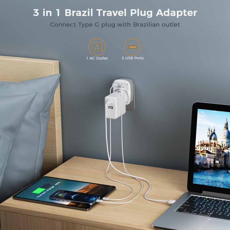 تيسان TESSAN UK to Brazil Plug Adapter, Type N Travel Adaptor with USB C - Image 3