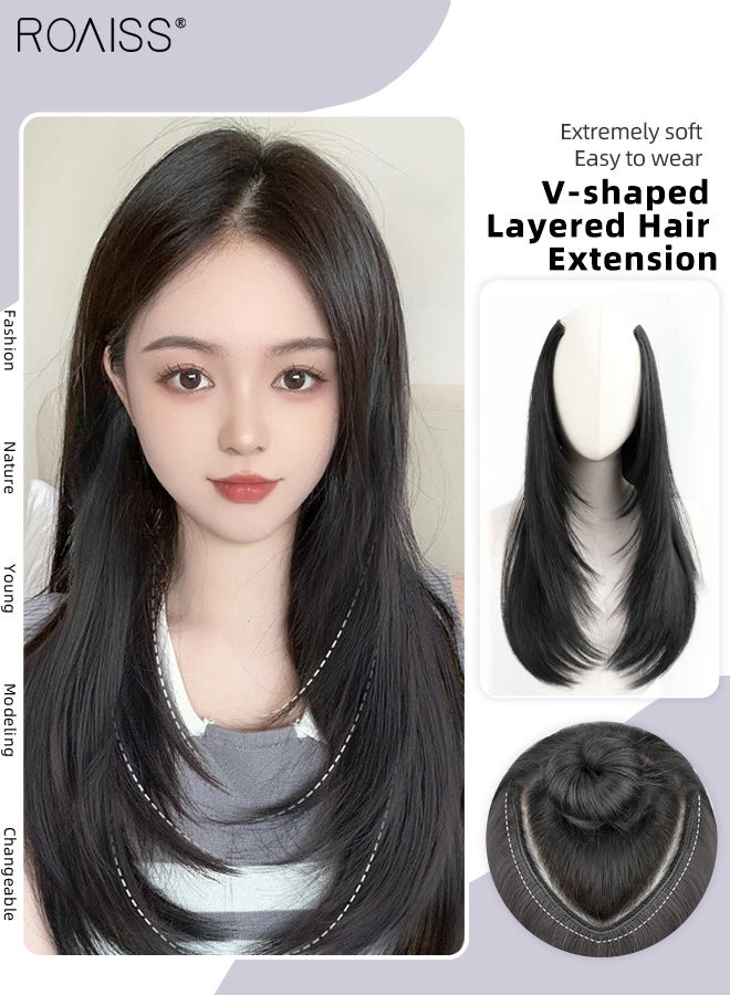 رويس وصلة شعر مستقيمة متعددة الطبقات على شكل حرف V، وصلة شعر غير مرئية بمشبك، قطعة واحدة مع 5 مشابك، قطعة شعر صناعية مقاومة للحرارة للنساء، تزيد من حجم الشعر، لون أسود طبيعي، 55 سم (21.7 بوصة) - Image 1