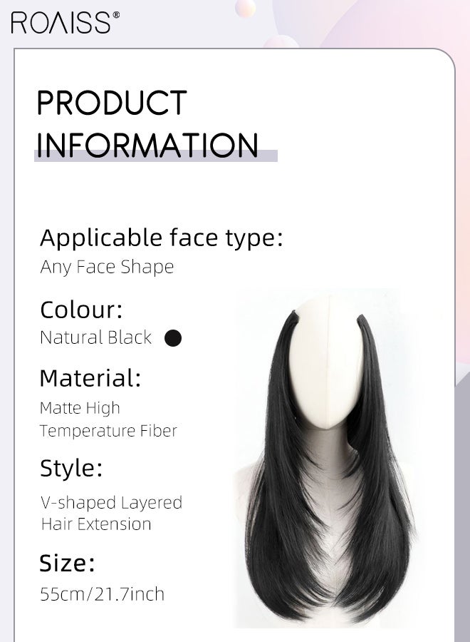 رويس وصلة شعر مستقيمة متعددة الطبقات على شكل حرف V، وصلة شعر غير مرئية بمشبك، قطعة واحدة مع 5 مشابك، قطعة شعر صناعية مقاومة للحرارة للنساء، تزيد من حجم الشعر، لون أسود طبيعي، 55 سم (21.7 بوصة) - Image 2