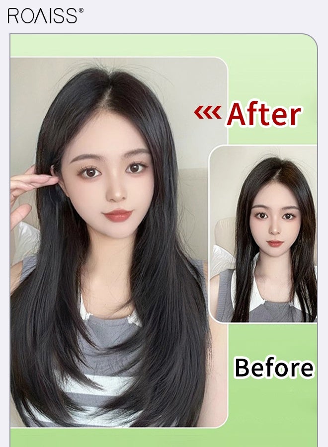 رويس وصلة شعر مستقيمة متعددة الطبقات على شكل حرف V، وصلة شعر غير مرئية بمشبك، قطعة واحدة مع 5 مشابك، قطعة شعر صناعية مقاومة للحرارة للنساء، تزيد من حجم الشعر، لون أسود طبيعي، 55 سم (21.7 بوصة) - Image 4