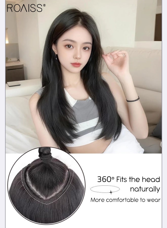رويس وصلة شعر مستقيمة متعددة الطبقات على شكل حرف V، وصلة شعر غير مرئية بمشبك، قطعة واحدة مع 5 مشابك، قطعة شعر صناعية مقاومة للحرارة للنساء، تزيد من حجم الشعر، لون أسود طبيعي، 55 سم (21.7 بوصة) - Image 3