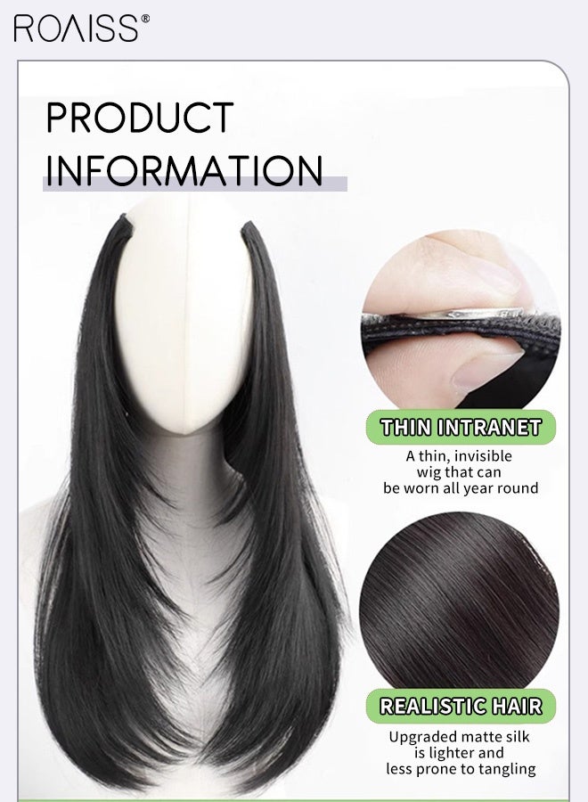 رويس وصلة شعر مستقيمة متعددة الطبقات على شكل حرف V، وصلة شعر غير مرئية بمشبك، قطعة واحدة مع 5 مشابك، قطعة شعر صناعية مقاومة للحرارة للنساء، تزيد من حجم الشعر، لون أسود طبيعي، 55 سم (21.7 بوصة) - Image 5