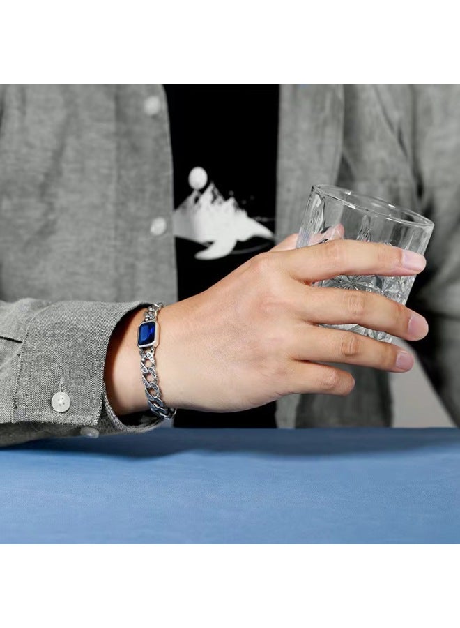925 Sterling Silver Cuban Link Bracelet for Men – Retro Thai Silver with Blue Stone & Tang Grass Pattern, Light Luxury Fashion New Arrival - Image 4