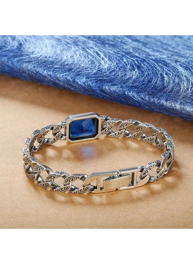 925 Sterling Silver Cuban Link Bracelet for Men – Retro Thai Silver with Blue Stone & Tang Grass Pattern, Light Luxury Fashion New Arrival - Image 2