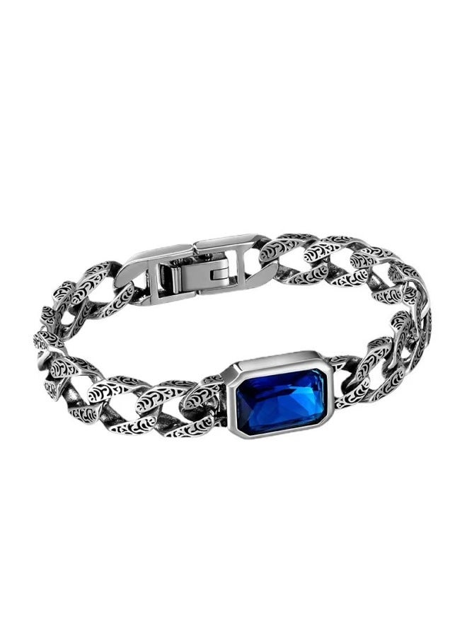 925 Sterling Silver Cuban Link Bracelet for Men – Retro Thai Silver with Blue Stone & Tang Grass Pattern, Light Luxury Fashion New Arrival - Image 1