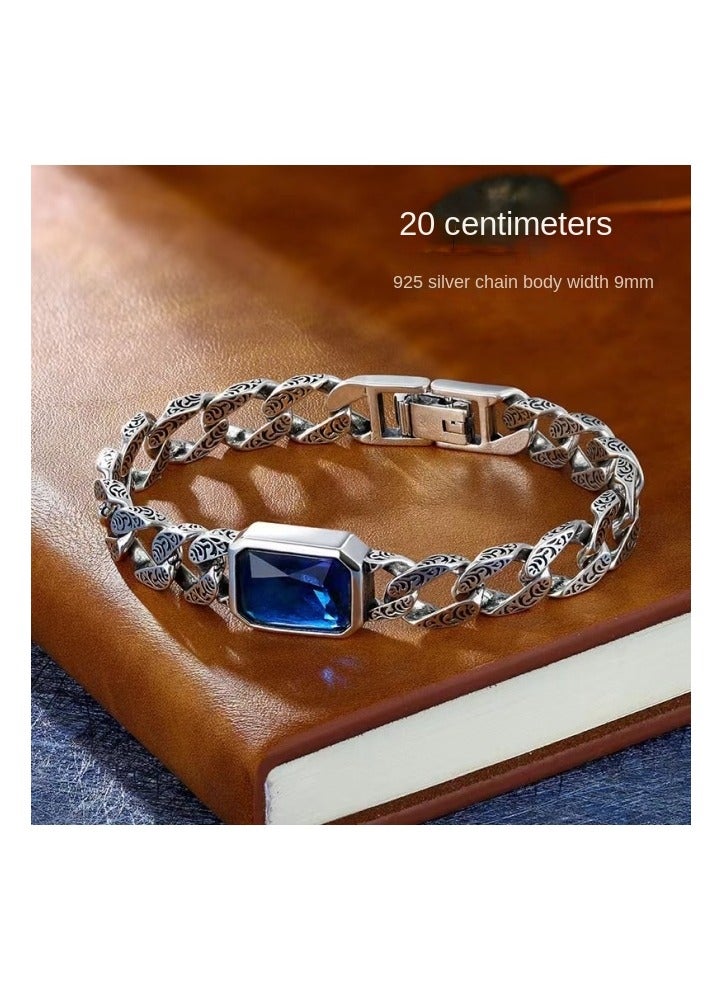 925 Sterling Silver Cuban Link Bracelet for Men – Retro Thai Silver with Blue Stone & Tang Grass Pattern, Light Luxury Fashion New Arrival - Image 3