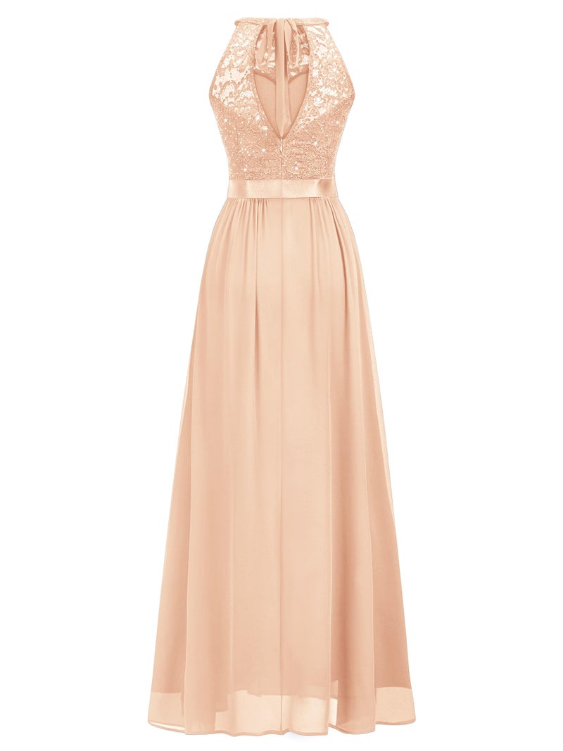 Miusol Women's Sequin Lace Sleeveless Halter Tie Formal Evening Maxi Dress (Large, Champagne) - Image 5