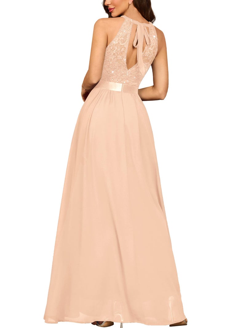 Miusol Women's Sequin Lace Sleeveless Halter Tie Formal Evening Maxi Dress (Large, Champagne) - Image 2