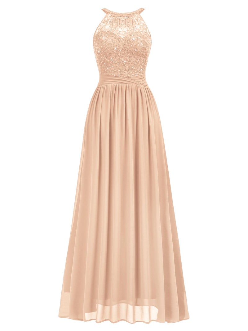 Miusol Women's Sequin Lace Sleeveless Halter Tie Formal Evening Maxi Dress (Large, Champagne) - Image 4