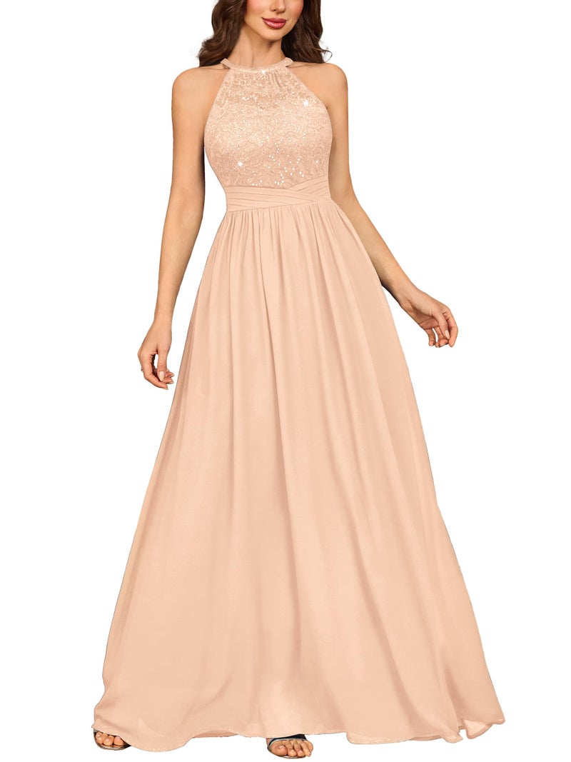 Miusol Women's Sequin Lace Sleeveless Halter Tie Formal Evening Maxi Dress (Large, Champagne) - Image 1