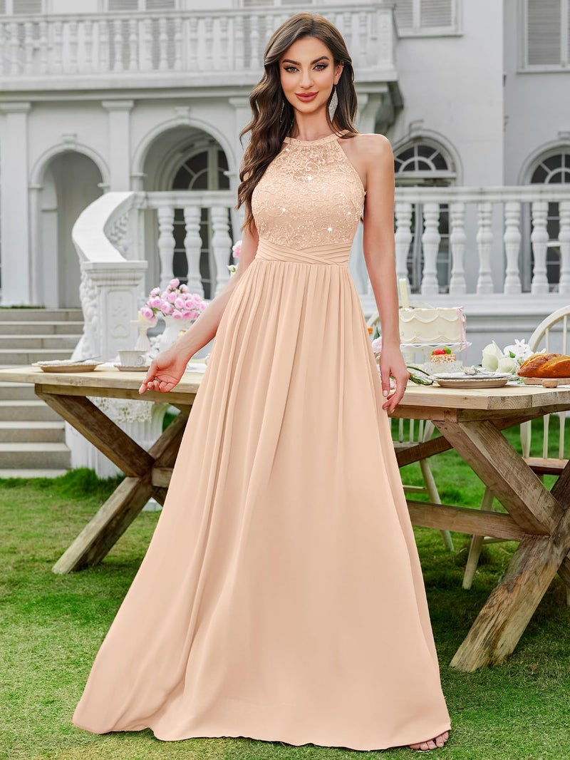 Miusol Women's Sequin Lace Sleeveless Halter Tie Formal Evening Maxi Dress (Large, Champagne) - Image 3