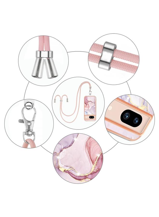 The Bros Case Cover For Google Pixel 8a Electroplating Marble Dual-side IMD Phone Case Cover with Lanyard - Image 5