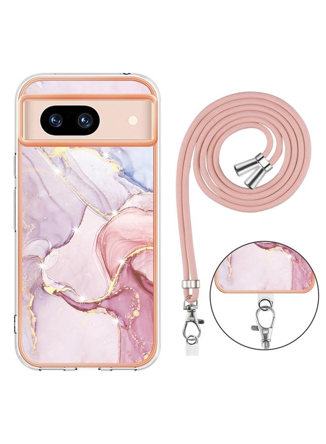 The Bros Case Cover For Google Pixel 8a Electroplating Marble Dual-side IMD Phone Case Cover with Lanyard - Image 4