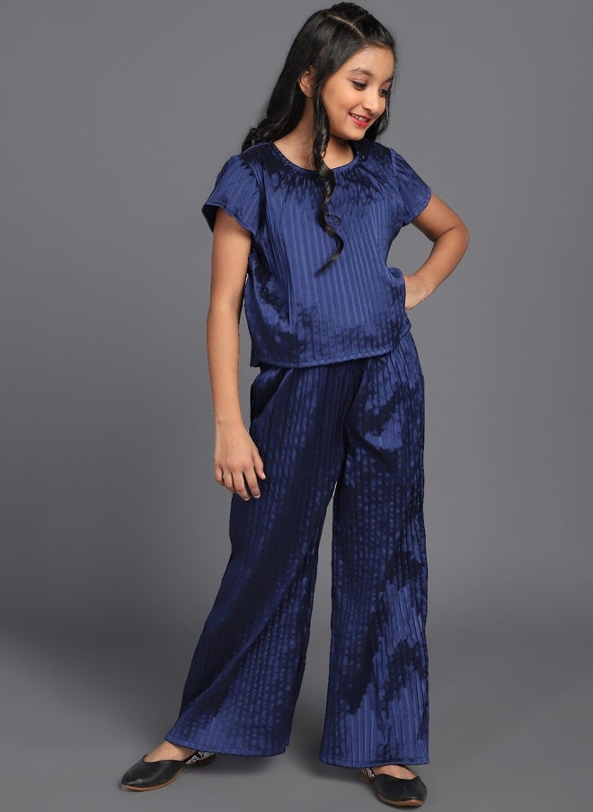 AKS Navy Blue Silk Blend Top and Palazzo Set for Girls - Image 1