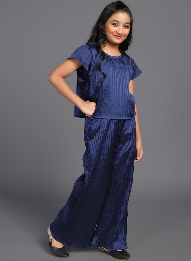 AKS Navy Blue Silk Blend Top and Palazzo Set for Girls - Image 4