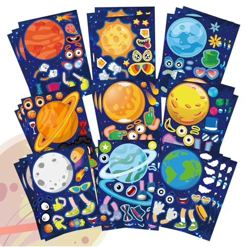 DUJAA 27 Sheets Space Stickers Make Your Own Planet Stickers Games,Easy to Peel and Stick,Make a face Outer Space Sticker for Kids,9 Planets Solar System Birthday Party Favor Sticker for Kids - Image 1