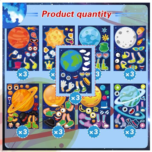 DUJAA 27 Sheets Space Stickers Make Your Own Planet Stickers Games,Easy to Peel and Stick,Make a face Outer Space Sticker for Kids,9 Planets Solar System Birthday Party Favor Sticker for Kids - Image 4
