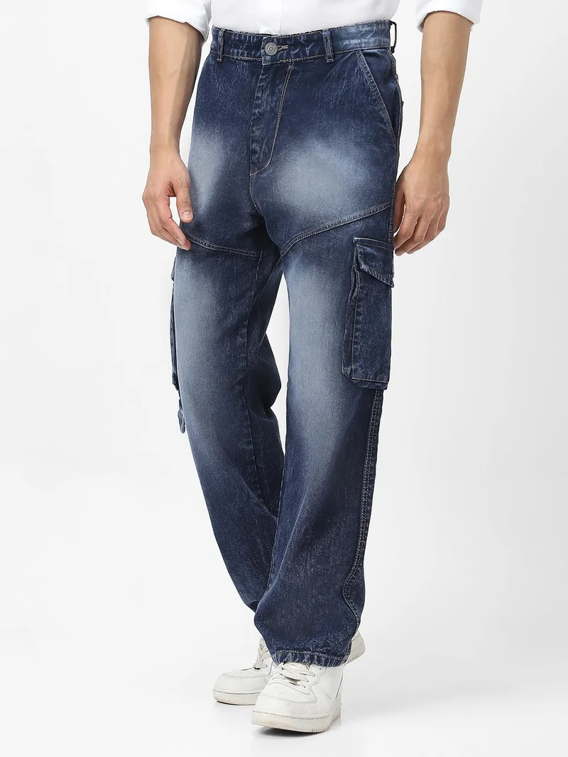 Urbano Fashion  Urbano Fashion Men's Navy Loose Baggy Fit Washed Cargo Jeans with 7 Pockets Non-Stretchable  | Best Price UAE