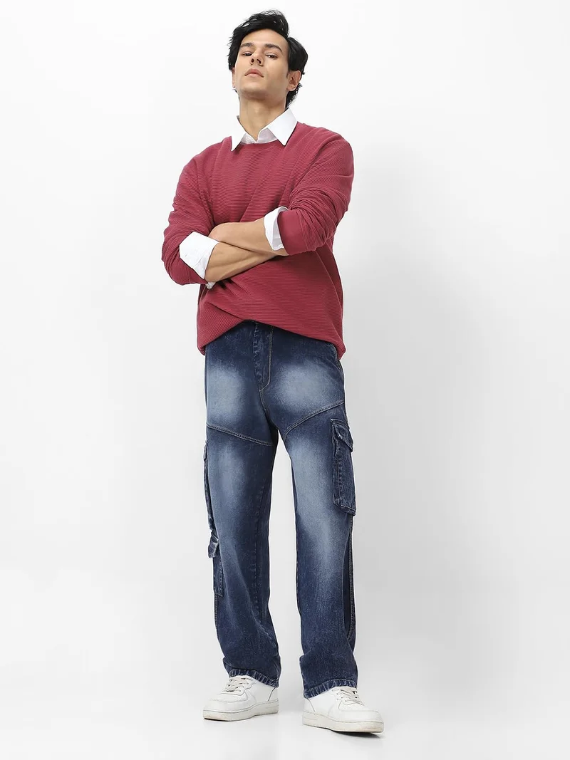 Urbano Fashion  Urbano Fashion Men's Navy Loose Baggy Fit Washed Cargo Jeans with 7 Pockets Non-Stretchable  | Best Price UAE