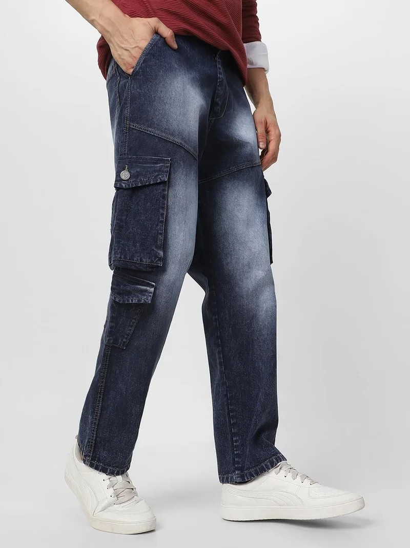 Urbano Fashion Men's Navy Loose Baggy Fit Washed Cargo Jeans with 7 Pockets Non-Stretchable