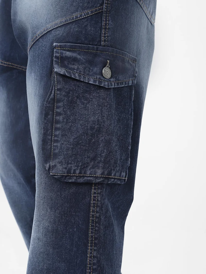 Urbano Fashion  Urbano Fashion Men's Navy Loose Baggy Fit Washed Cargo Jeans with 7 Pockets Non-Stretchable  | Best Price UAE