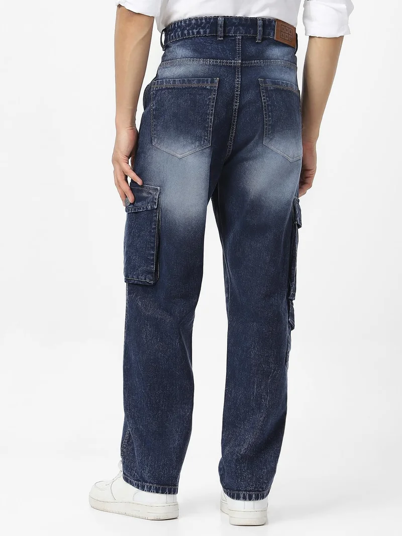 Urbano Fashion  Urbano Fashion Men's Navy Loose Baggy Fit Washed Cargo Jeans with 7 Pockets Non-Stretchable  | Best Price UAE