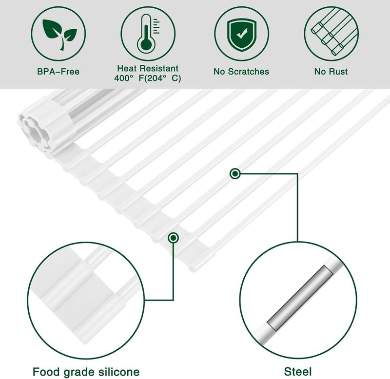 HANZENMA Roll Up Dish Drying Rack Over The Sink Kitchen Roll Up Sink Drying Rack Multipurpose Foldable Sink Drying Mat HeatResistant AntiSlip  AntiRust Dish Rack for Kitchen 205 x 13 White - Image 5