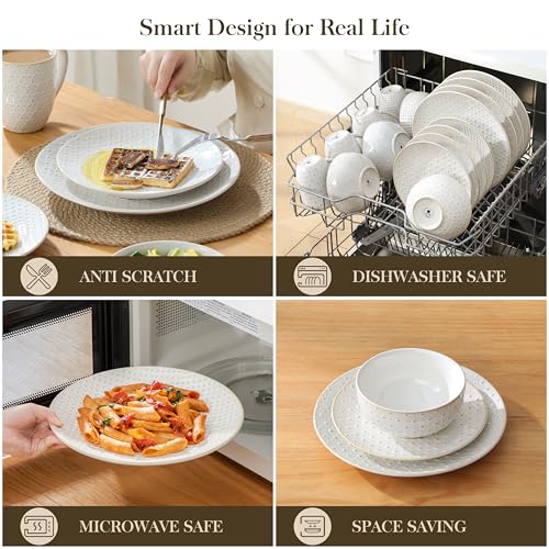 MALACASA 16 Pieces Dinnerware Sets, Modern Relief Design Plates and Bowls Sets, White Dish Set for 4, Kitchen Ceramic Dinner Plates Dishware Set, Microwave and Dishwasher Safe, Series LYDIA - Image 4