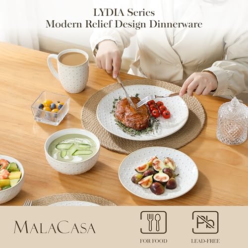 MALACASA 16 Pieces Dinnerware Sets, Modern Relief Design Plates and Bowls Sets, White Dish Set for 4, Kitchen Ceramic Dinner Plates Dishware Set, Microwave and Dishwasher Safe, Series LYDIA - Image 3