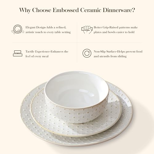 MALACASA 16 Pieces Dinnerware Sets, Modern Relief Design Plates and Bowls Sets, White Dish Set for 4, Kitchen Ceramic Dinner Plates Dishware Set, Microwave and Dishwasher Safe, Series LYDIA - Image 5
