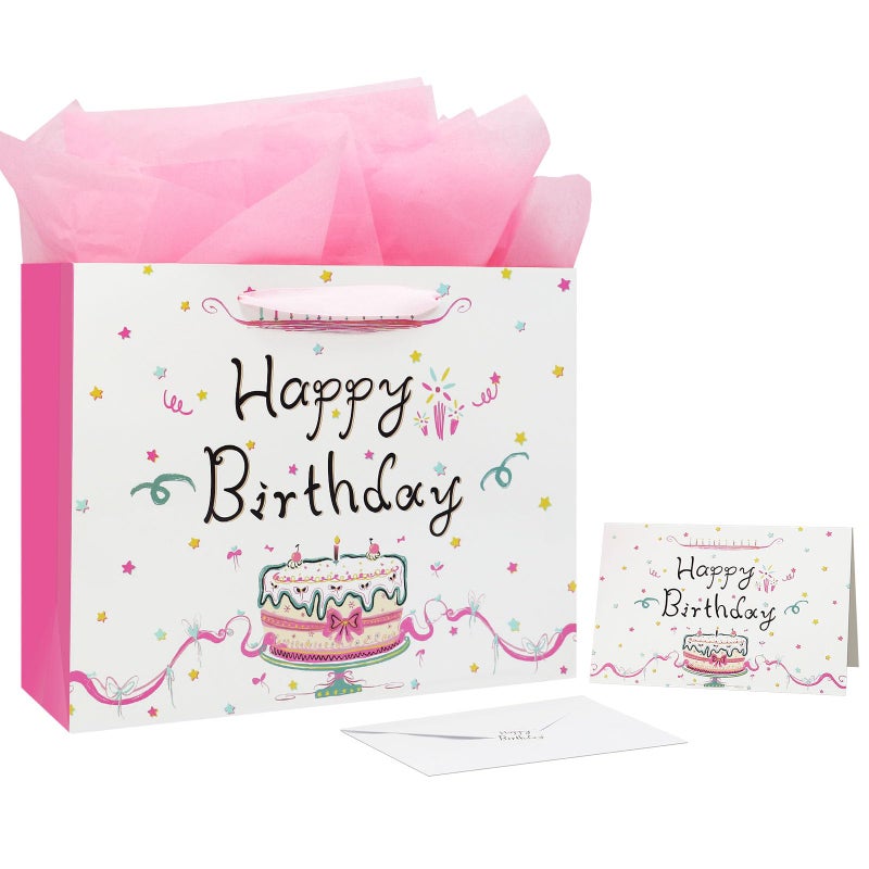 Oletx 13" Large Happy Birthday Pink Paper Bags,Pink Gift Party Favor Bags with Tissue Paper Birthday Card for Women' Party,Mother's Day - Image 1