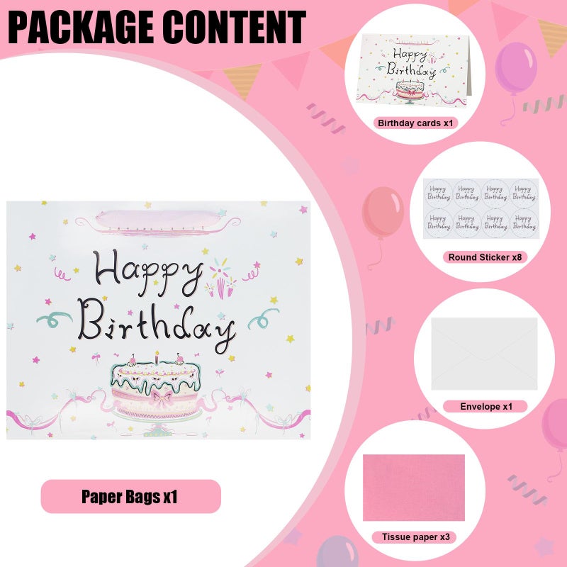 Oletx 13" Large Happy Birthday Pink Paper Bags,Pink Gift Party Favor Bags with Tissue Paper Birthday Card for Women' Party,Mother's Day - Image 3