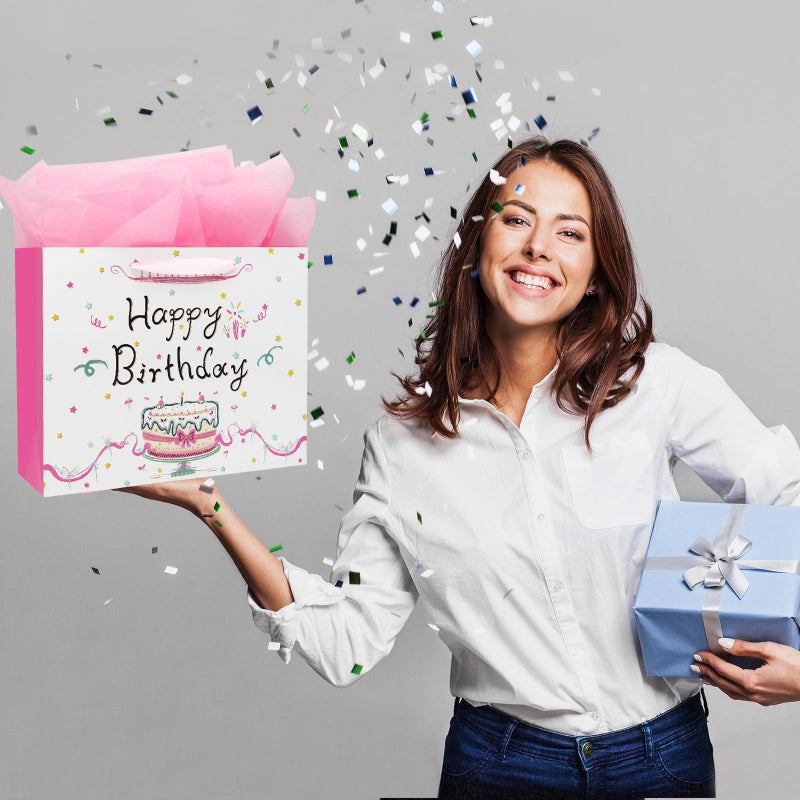 Oletx 13" Large Happy Birthday Pink Paper Bags,Pink Gift Party Favor Bags with Tissue Paper Birthday Card for Women' Party,Mother's Day - Image 4