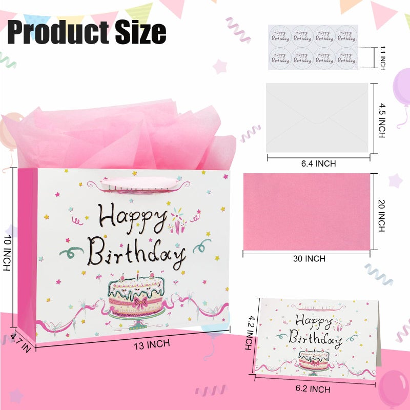 Oletx 13" Large Happy Birthday Pink Paper Bags,Pink Gift Party Favor Bags with Tissue Paper Birthday Card for Women' Party,Mother's Day - Image 2