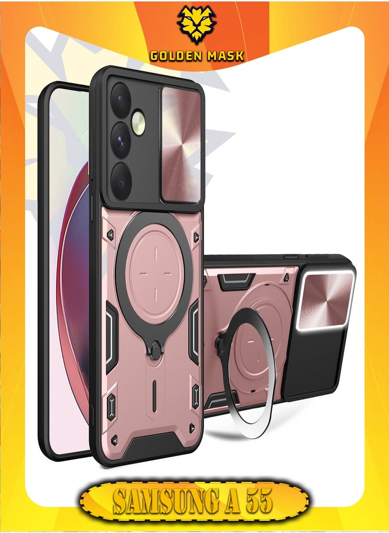 جولدن ماسك جولدن ماسك لهاتف سامسونج جالاكسي اية 55 (Samsung Galaxy A55) جراب حماية مع باب جرار لحماية عدسة  الكاميرا المدرعة مدمج بزاوية 360 درجة - (روز جولد) 