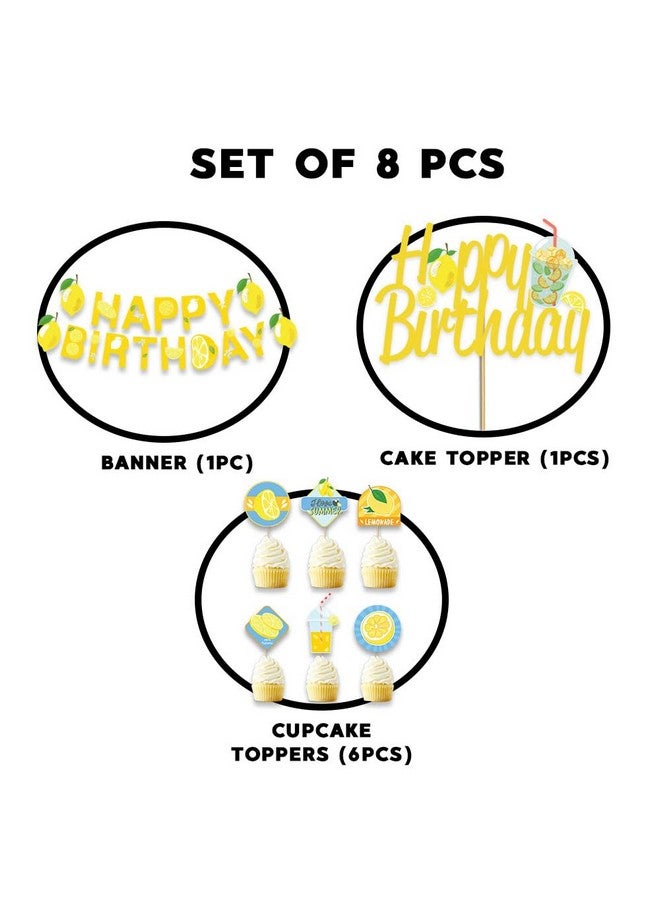 Festiko® Set of 8 Pcs Lemon Theme Happy Birthday Combo (Banner, Cake & Cupcake Toppers), Lemon Theme Decorations, Birthday Decoration Items - Image 2