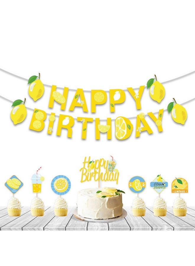 Festiko® Set of 8 Pcs Lemon Theme Happy Birthday Combo (Banner, Cake & Cupcake Toppers), Lemon Theme Decorations, Birthday Decoration Items - Image 1