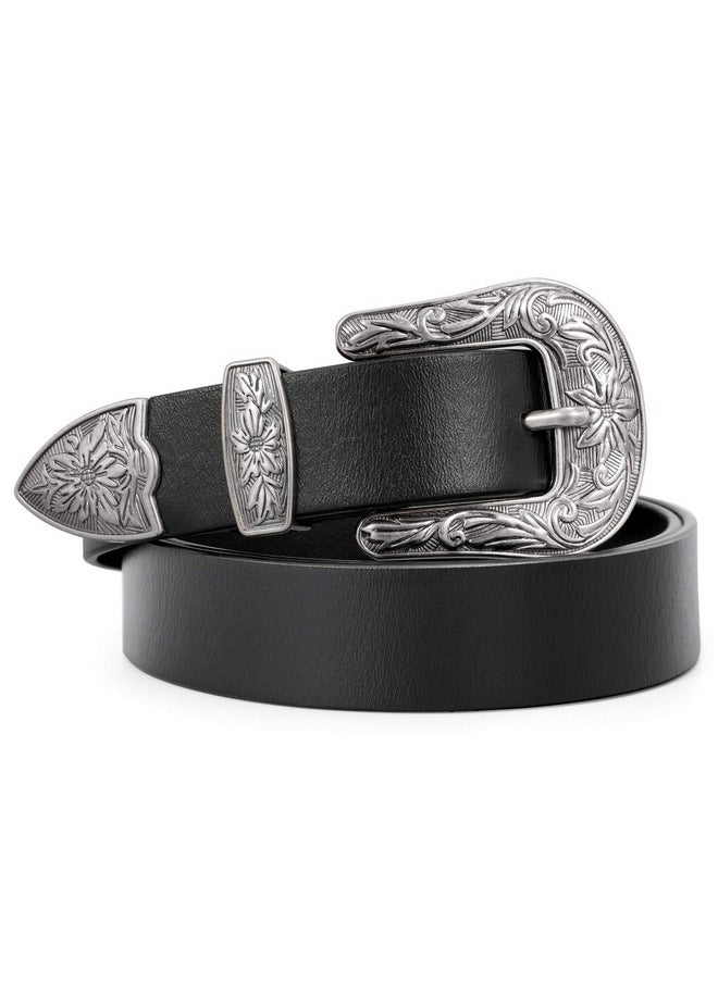 Werforu - Women Leather Belt For Jeans Pants Ladies Black Belt For Dress With Western Silver Buckle Blackmedium(Length 43.3 Inches Suit For Waist Size 27"36") - Image 1