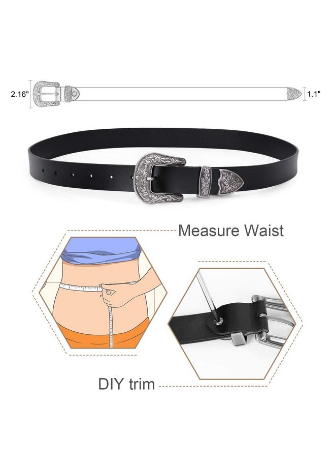 Werforu - Women Leather Belt For Jeans Pants Ladies Black Belt For Dress With Western Silver Buckle Blackmedium(Length 43.3 Inches Suit For Waist Size 27"36") - Image 1