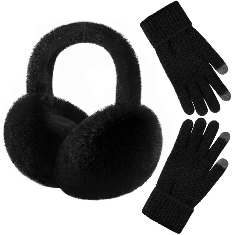 Premillow Winter Ear Muffs Gloves Set for Women Girls Foldable Adjustable Fuzzy Earmuffs Faux Fur Ear Warmers Covers Headband for Cold Weather - Image 1