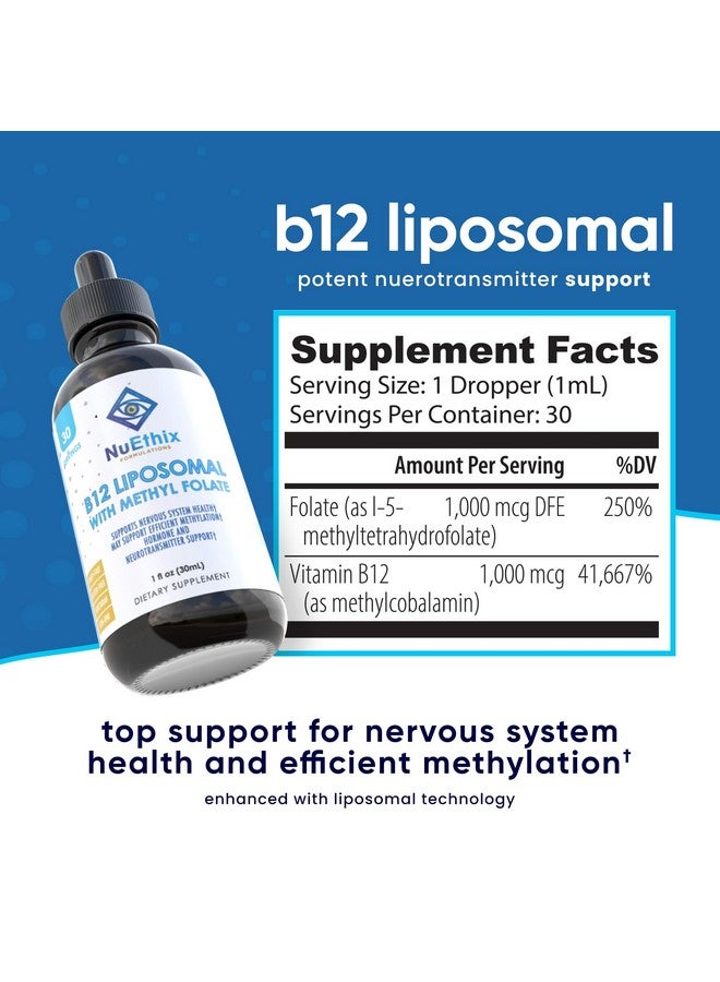 NuEthix Formulations NuEthix Formulations B12 Liposomal with Methyl Folate Dietary Supplement, Bioactive B Vitamins to Support an Optimal Metabolism, 1 Fluid Ounce, 30 Servings  - Image 2