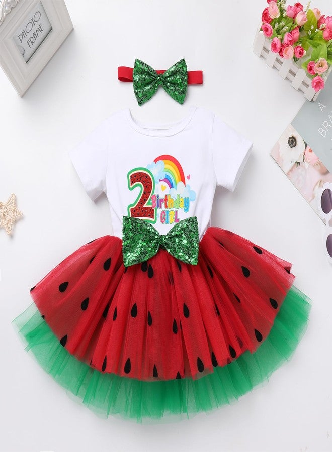ODIZLI 2nd Birthday Outfit Girl Baby Toddler Short Sleeve Tulle Dress+Headband 3PCS Summer Clothes Melon Watermelon Party Supplies Two Year Old Cake Smash Photography Red 2 Years 2 Years - Image 3